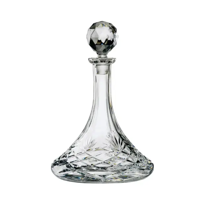 Glassware UK fully cut crystal ships decanter with 0.85L capacity, featuring intricate ship-shaped design and clear, polished glass.