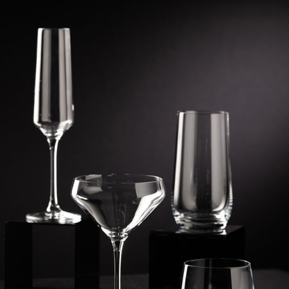 Set of six Murray champagne flutes by Glassware UK, 220ml elegant glassware for celebratory drinks, clear and stylish design.