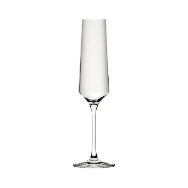 Set of six Murray champagne flutes with 220ml capacity, clear glassware with slender stems, perfect for celebratory drinks.