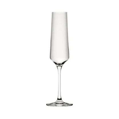Set of six Murray champagne flutes with 220ml capacity, clear glassware with slender stems, perfect for celebratory drinks.
