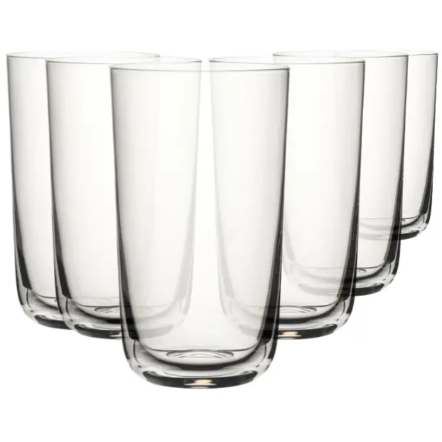 Set of six Glassware UK Raffles highball glasses, 420ml whisky tumblers with clear glass and smooth cylindrical shape.