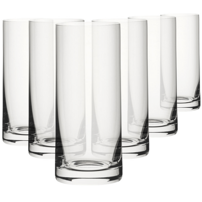 Set of six Glassware UK classic highball glasses, 440ml whisky tumblers with clear glass and sleek design, suitable for cocktails and drinks.