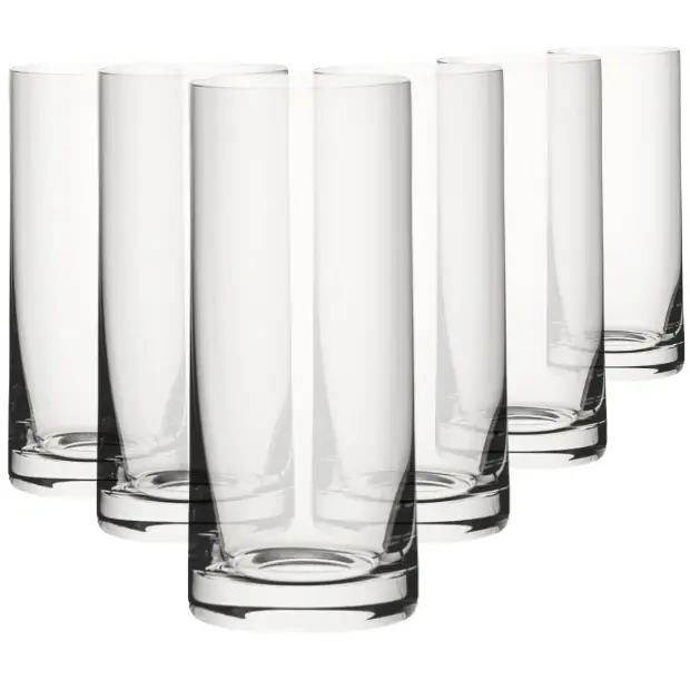 Set of six Glassware UK classic highball glasses, 300ml whisky tumblers with clear glass design on a plain background.