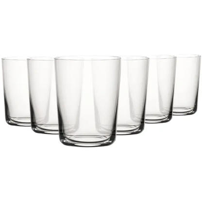 Set of six 340ml Glassware UK whisky tumblers with clear glass and classic design for serving spirits.