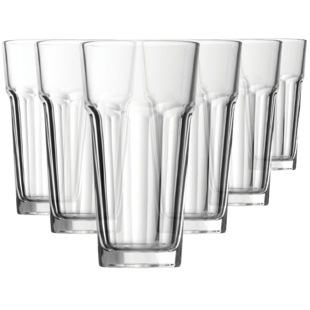Set of six Casablanca whisky tumblers by Glassware UK, 365ml water glasses with clear, elegant design.