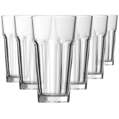 Set of six Casablanca whisky tumblers by Glassware UK, 365ml water glasses with clear, elegant design.