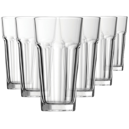Set of six Casablanca whisky tumblers by Glassware UK, 365ml water glasses with clear, elegant design.