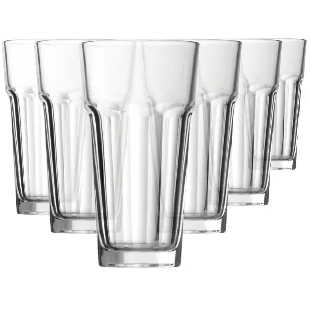 Six Glassware UK Casablanca 365ml whisky tumblers with clear glass, showcasing their elegant, rounded water glass design.
