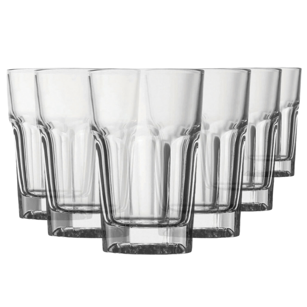 Set of six Casablanca whisky tumblers by Glassware UK, 280ml water glasses with clear, elegant design.