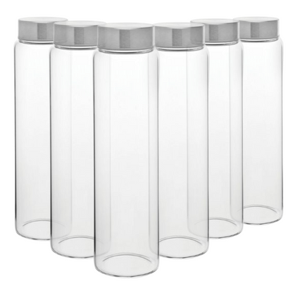 Set of six 1-liter screw top glass bottles by Glassware UK, clear bottles with secure screw caps for storage or display.