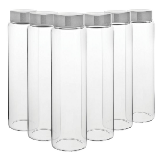 Set of six 1-liter screw top glass bottles by Glassware UK, clear bottles with secure screw caps for storage or display.