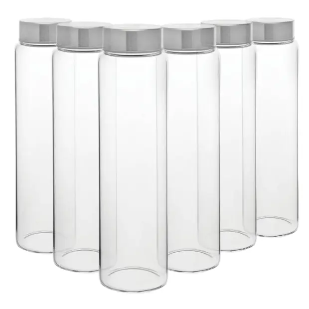 Set of six 1-liter Screw Top Glass Bottles by Glassware UK with clear glass and metal screw caps on a neutral background.
