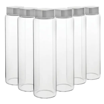 Set of six 1-liter screw top glass bottles by Glassware UK, clear transparent bottles with secure screw caps for storage.