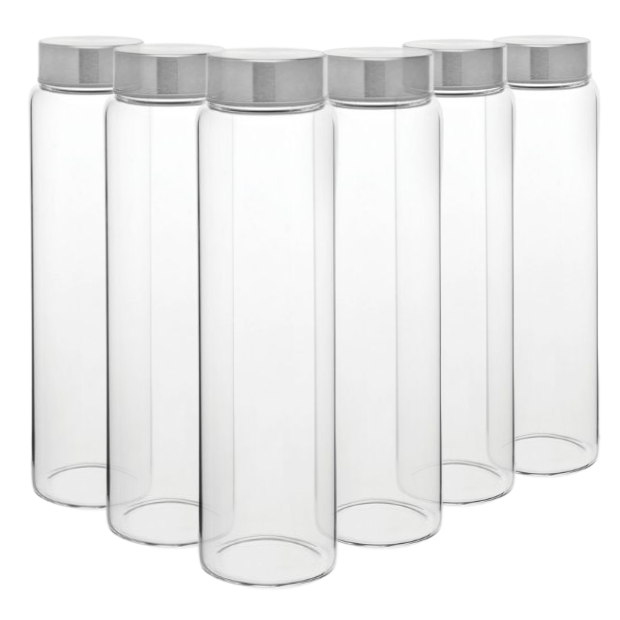 Set of six 1-liter screw top glass bottles from Glassware UK, clear bottles with metal screw caps, perfect for storage or liquids.