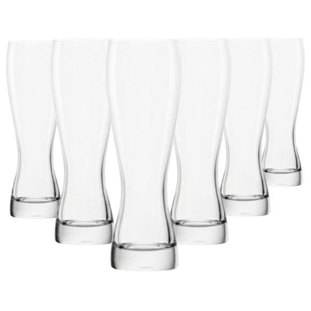 Set of six Stolzle 670ml beer tankard glasses by Glassware UK, clear glass with sturdy handles for serving beer.