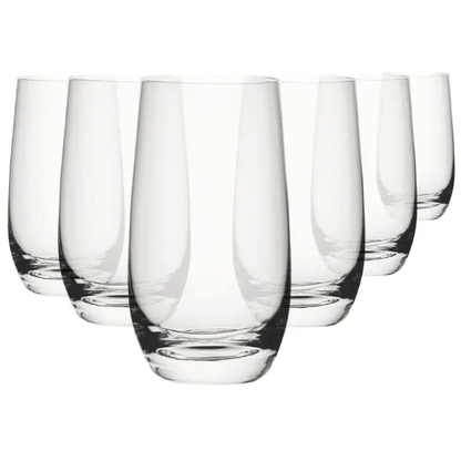 Set of six 350ml Glassware UK whisky tumblers with cool highball glass design, clear glass, and smooth rims.