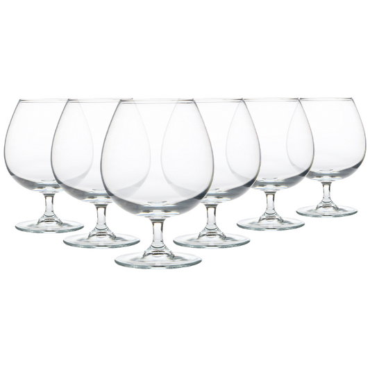 Set of six Glassware UK whisky tumblers with 550ml Brandy Balloon Glasses, featuring a rounded shape for elegant beverage serving.
