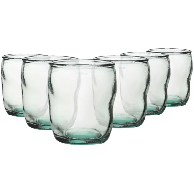 Set of six Glassware UK Authentico recycled low glass whisky tumblers, 350ml capacity, clear glass with a simple design.