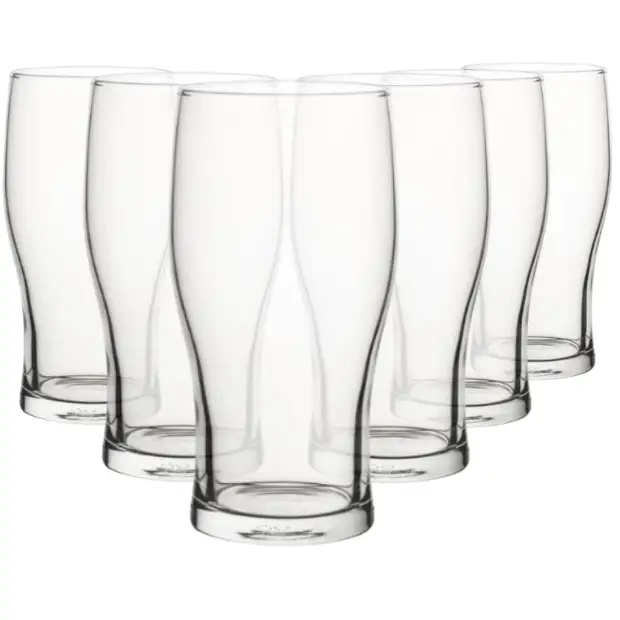 Set of six Glassware UK tulip pint tankard glasses, 570ml capacity, with clear glass and tulip-shaped design.