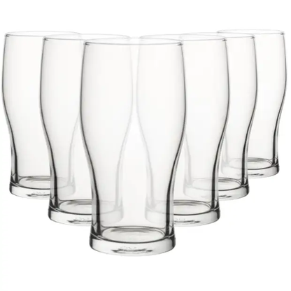 Set of six Glassware UK tulip pint tankard glasses, 570ml capacity, with clear glass and tulip-shaped design.