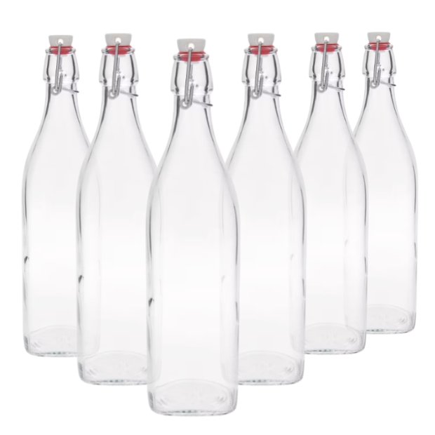 Set of six Bormioli Rocco 1L square swing top glass bottles with airtight lids, ideal for storage and beverage use.