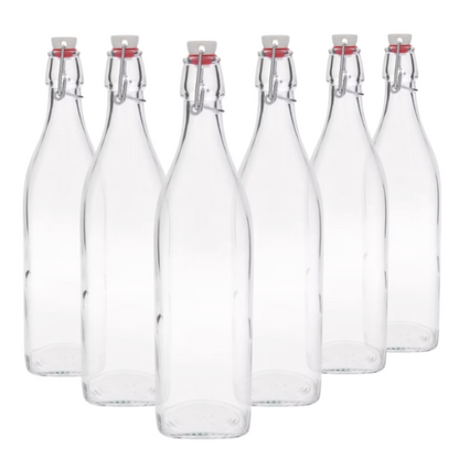 Set of six Bormioli Rocco 1L square swing top glass bottles with airtight lids, ideal for storage and beverage use.