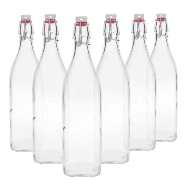 Set of six Bormioli Rocco 1L square swing top glass bottles with metal lids, ideal for storing liquids or homemade beverages.