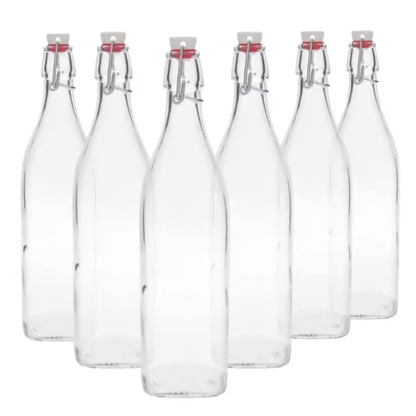 Set of six Bormioli Rocco 1L square swing top glass bottles with metal lids, ideal for storing liquids or homemade beverages.