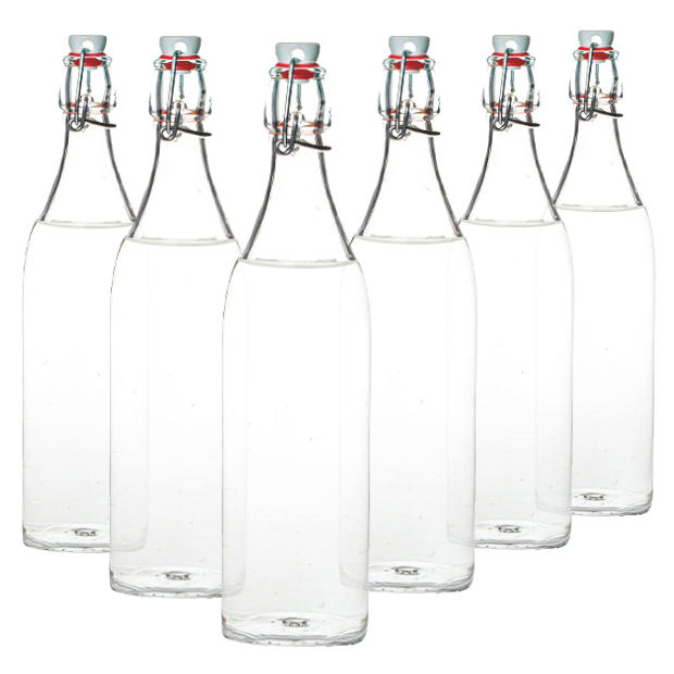 Set of six 1-liter Bormioli Rocco round swing top bottles with glass closures, designed for storing liquids in a stylish glassware UK set.