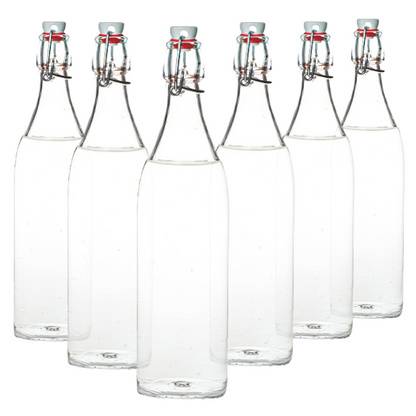 Set of six 1-liter Bormioli Rocco round swing top bottles with glass closures, designed for storing liquids in a stylish glassware UK set.