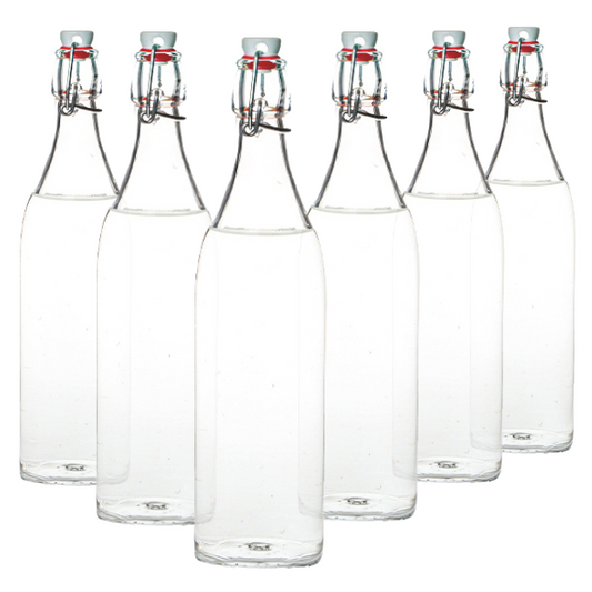 Set of six 1-liter Bormioli Rocco round swing top bottles with glass closures, designed for storing liquids in a stylish glassware UK set.