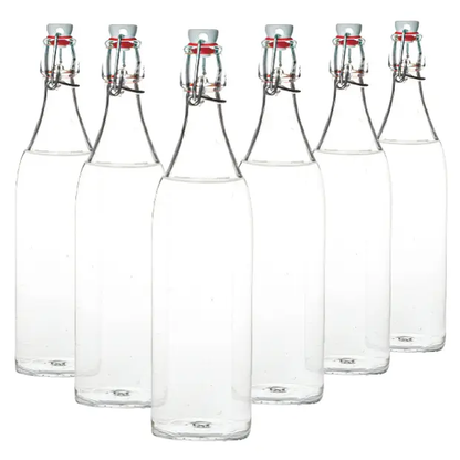 Set of six 1-liter Bormioli Rocco round swing top glass bottles with metal lids, displayed on a plain background.