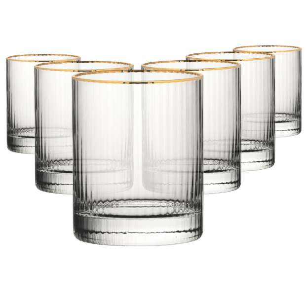 Set of six Hayworth Gold Rimmed Whisky Tumblers, 320ml Glassware UK dof glasses with elegant gold rims for whisky enjoyment