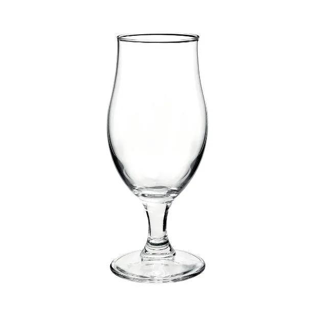 Set of six Glassware UK Draft Stemmed Beer Glasses, 375ml tankards with clear glass and sturdy stems on a plain background.