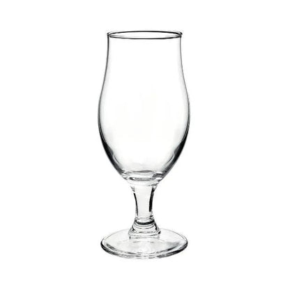 Set of six Glassware UK Draft Stemmed Beer Glasses, 375ml tankards with clear glass and sturdy stems on a plain background.