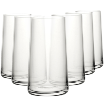 Set of six Glassware UK whisky tumblers, 430ml Mode highball glasses, clear glass with a modern design for cocktails and drinks.
