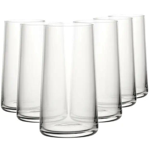 Set of six Glassware UK Mode highball glasses, 430ml whisky tumblers with clear glass and sleek design.