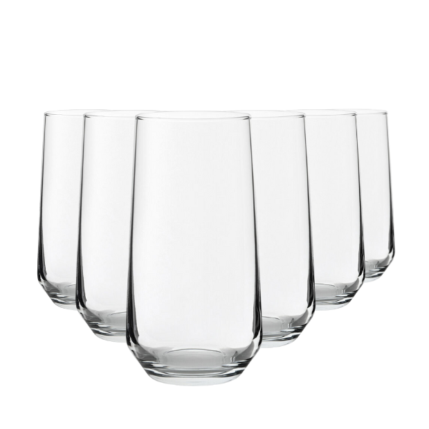 Set of six Allegra long drink glasses by Glassware UK, 470ml capacity, clear glass with elegant design for beverages.