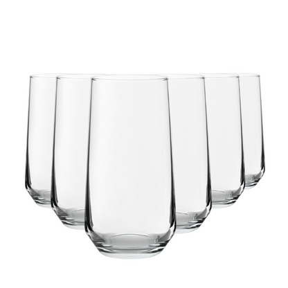 Set of six Allegra long drink glasses by Glassware UK, 470ml capacity, clear glass with elegant design for beverages.