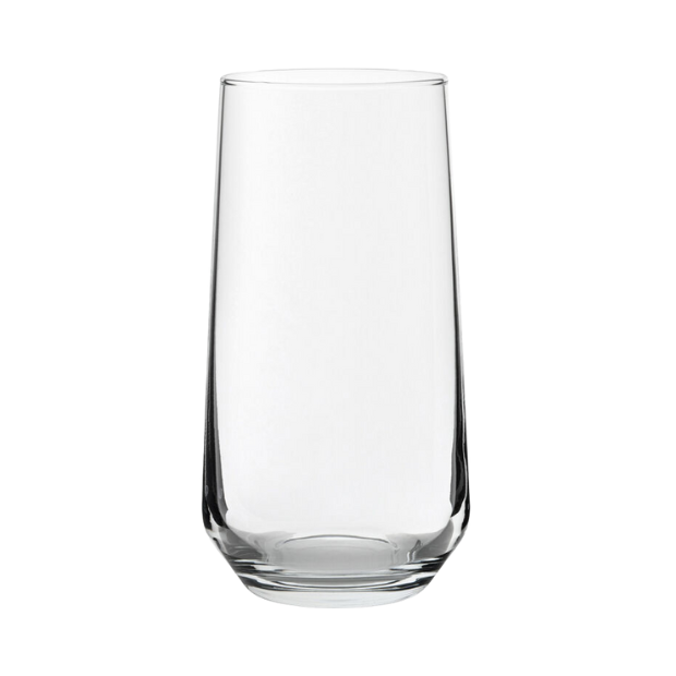 Set of six Allegra long drink glasses by Glassware UK, 470ml capacity, clear crystal glassware for beverages.
