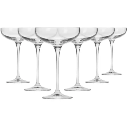 Set of 6 Krosno champagne flutes, 240ml, clear glassware with tall, slender bowls for sparkling wine.
