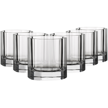Set of six Churchill crystal whisky tumblers by Glassware UK, 310ml, clear cut-glass design for enjoying spirits.