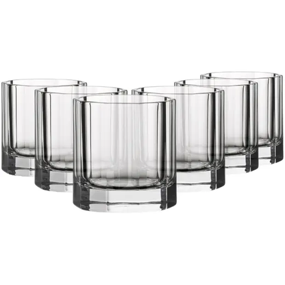 Set of six Churchill DOF crystal whisky tumblers, 310ml capacity, clear glass with a sleek, modern design by Glassware UK.