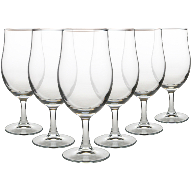 Set of six Glassware UK Draft stemmed beer tankards, 375ml each, with clear glass and sturdy bases, ideal for beer serving.