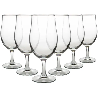 Six Glassware UK draft stemmed beer tankards, 375ml capacity, clear glass with sturdy handles, set of 6 for beer serving.