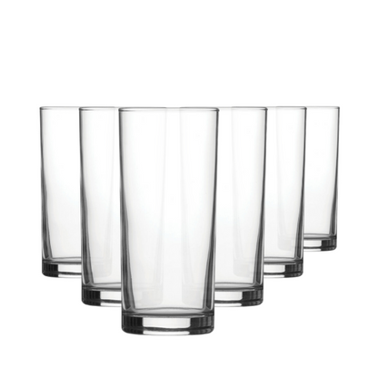Set of six Glassware UK whisky tumblers, 340ml highball glasses with clear glass design for serving cocktails or spirits.