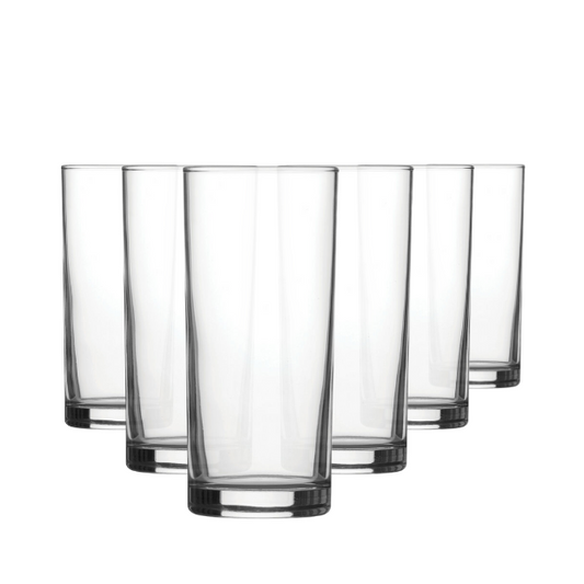 Set of six Glassware UK whisky tumblers, 340ml highball glasses with clear glass design for serving cocktails or spirits.