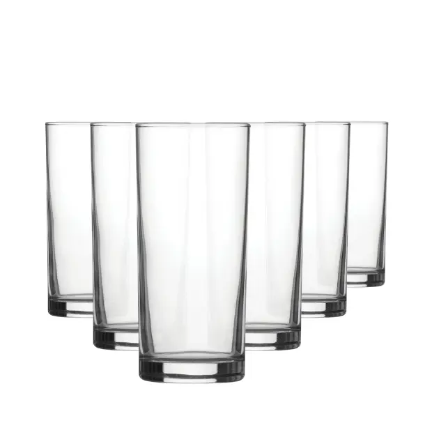 Set of six Glassware UK highball whisky tumblers, 340ml, clear glass with smooth cylindrical shape, ideal for cocktails or spirits.