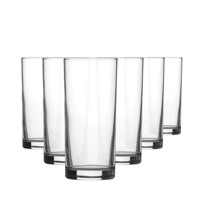 Set of six Glassware UK highball whisky tumblers, 340ml, clear glass with smooth cylindrical shape, ideal for cocktails or spirits.