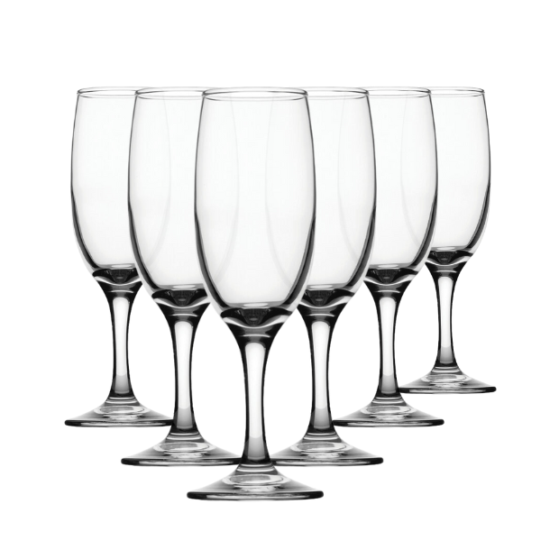 Set of six Clear champagne flutes with 190ml capacity from Glassware UK, elegant glassware for special occasions.